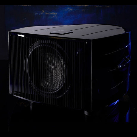 REL Reference No. 36 Subwoofer, Piano Black, three-quarter view with string grille fitted
