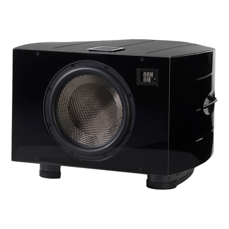 REL Reference No. 36 Subwoofer, Piano Black, three-quarter view facing left