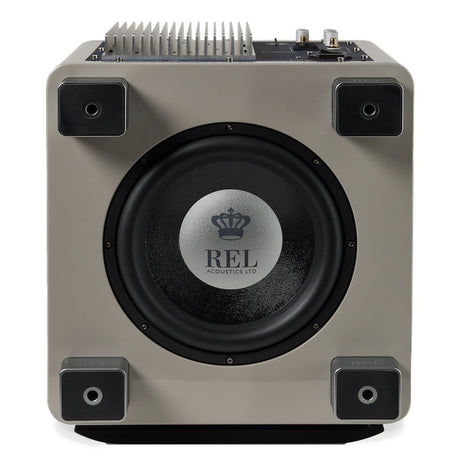 REL T/9x Subwoofer, Gloss Grey, bottom view with driver and amplifier