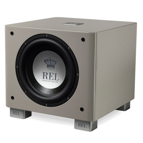 REL T/9x Subwoofer, Gloss Grey, three-quarter view facing right