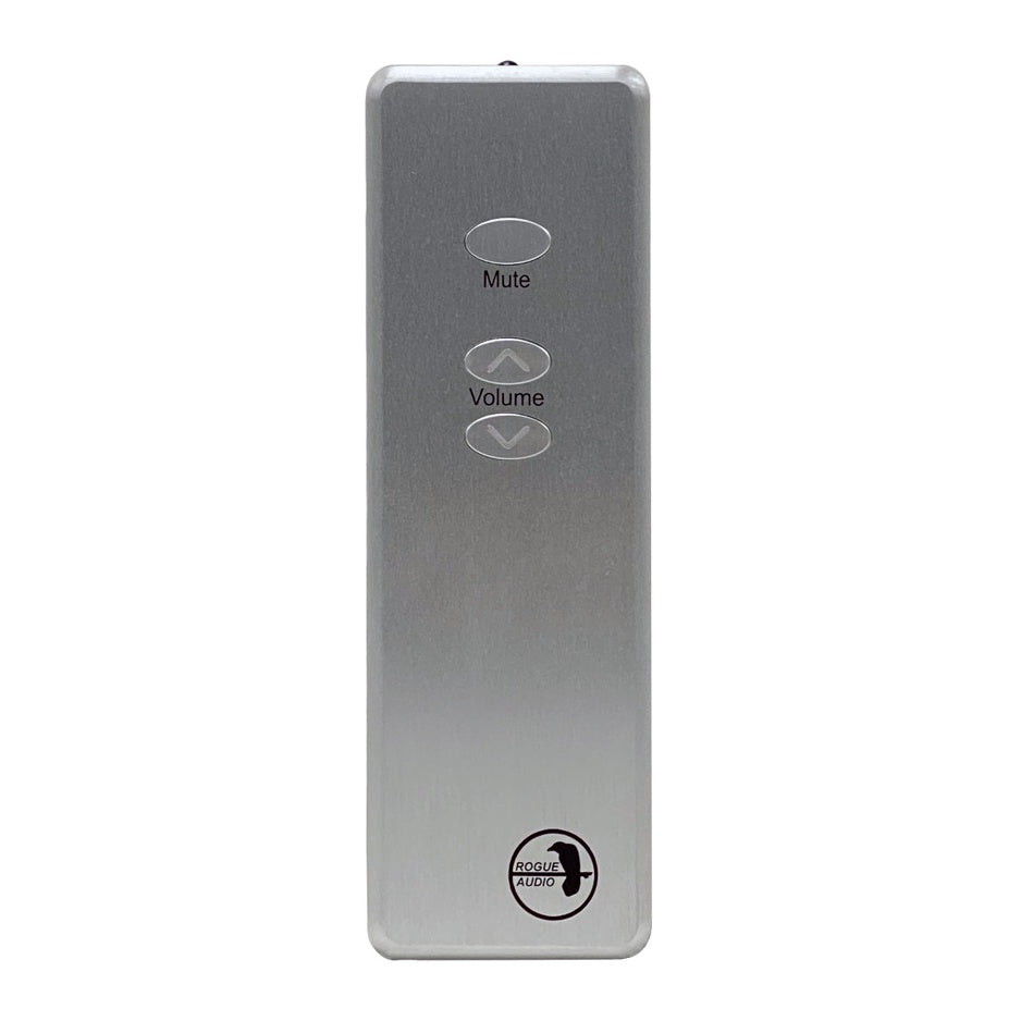 Rogue Audio Integrated Amplifier Remote Control, silver, front view with controls