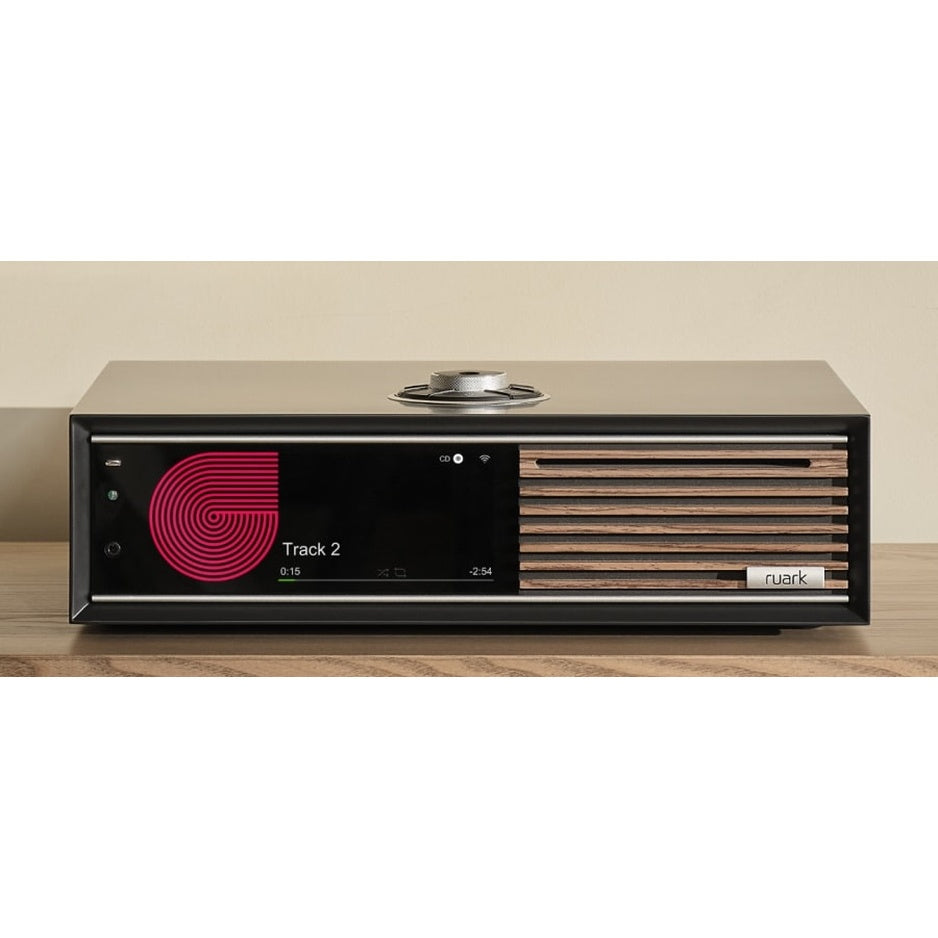 Ruark Audio R710 CD Hi-Fi Console, Charcoal Lacquer, front view with CD playing on the display