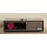 Ruark Audio R710 CD Hi-Fi Console, Charcoal Lacquer, front view with CD playing on the display