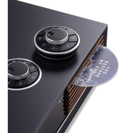Ruark Audio R710 CD Hi-Fi Console, Charcoal Lacquer, top view with RotoDial controls and CD slot