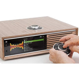 Ruark Audio R710 CD Hi-Fi Console, Fused Walnut, close-up of the colour display source menu with RotoDial remote