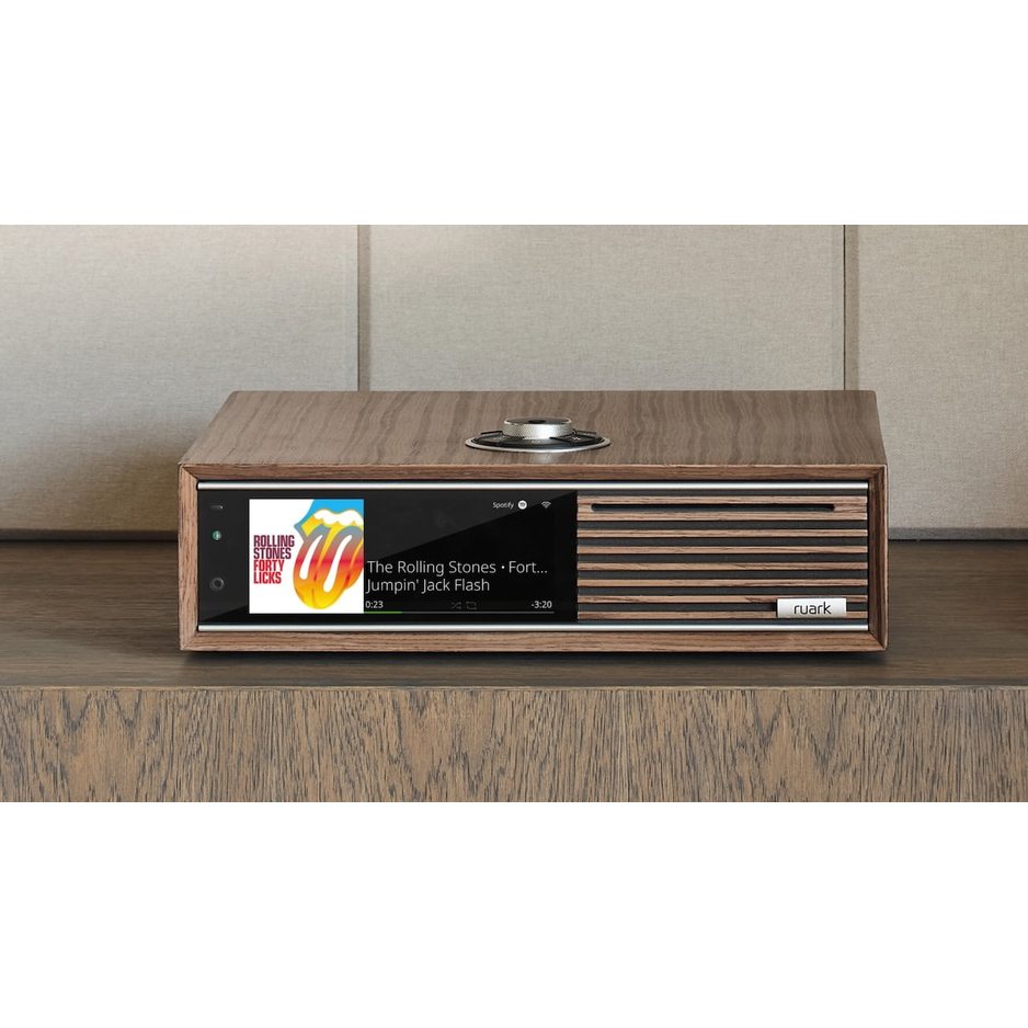 Ruark Audio R710 CD Hi-Fi Console, Fused Walnut, front view on a sideboard