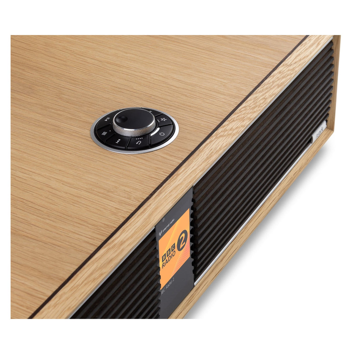 Ruark R410 Anniversary Edition All-in-One Music System, White Oak, top view with RotoDial controls
