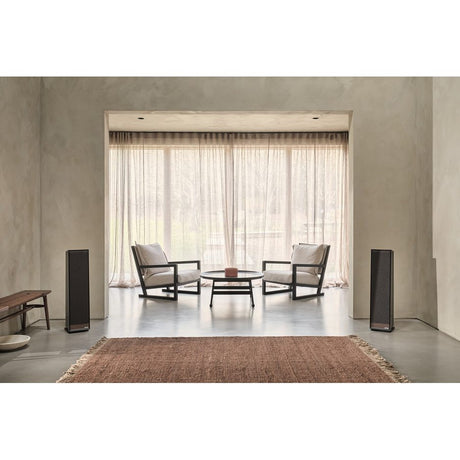 Ruark Audio Talisman-R Floorstanding Speakers, Satin Charcoal, front view with grilles fitted in a living room setting
