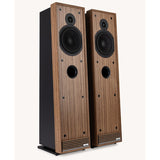 Ruark Audio Talisman-R Floorstanding Speakers, Fused Walnut, front three-quarter view of stereo pair with grilles removed