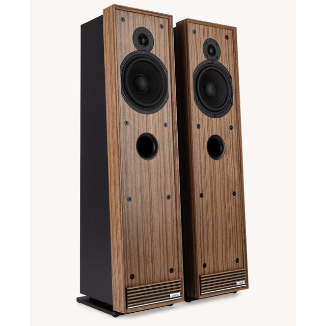 Ruark Audio Talisman-R Floorstanding Speakers, Fused Walnut, front three-quarter view of stereo pair with grilles removed