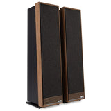 Ruark Audio Talisman-R Floorstanding Speakers, Fused Walnut, front three-quarter view with grilles fitted