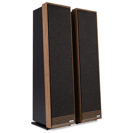 Ruark Audio Talisman-R Floorstanding Speakers, Fused Walnut, front three-quarter view with grilles fitted