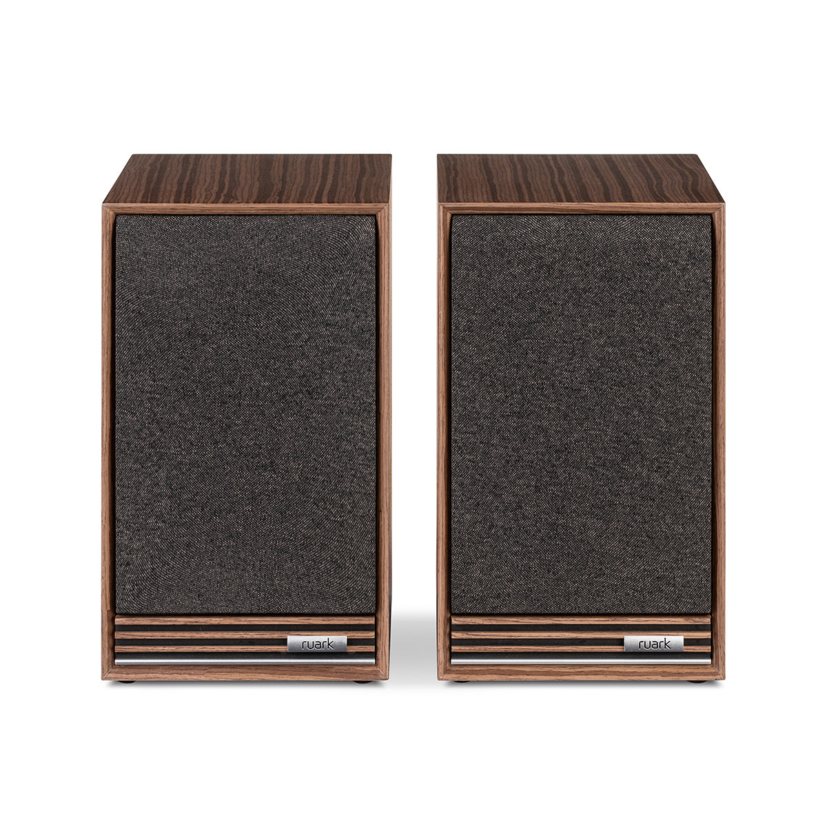 Ruark Audio Sabre-R Bookshelf Speakers in Walnut, front view with grilles on
