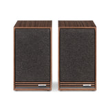 Ruark Audio Sabre-R Bookshelf Speakers in Walnut, front view with grilles on