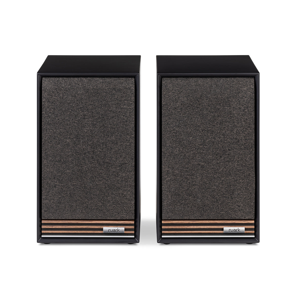 Ruark Audio Sabre-R Bookshelf Speakers in Satin Charcoal, front view with grilles on