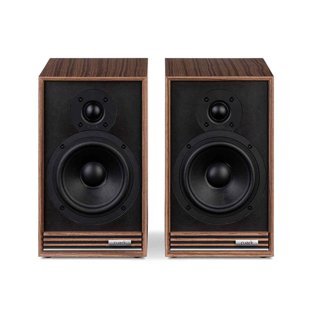 Ruark Audio Sabre-R Bookshelf Speakers in Walnut, front view with grilles removed showing tweeter and mid-bass driver