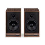 Ruark Audio Sabre-R Bookshelf Speakers in Walnut, front view with grilles removed showing tweeter and mid-bass driver