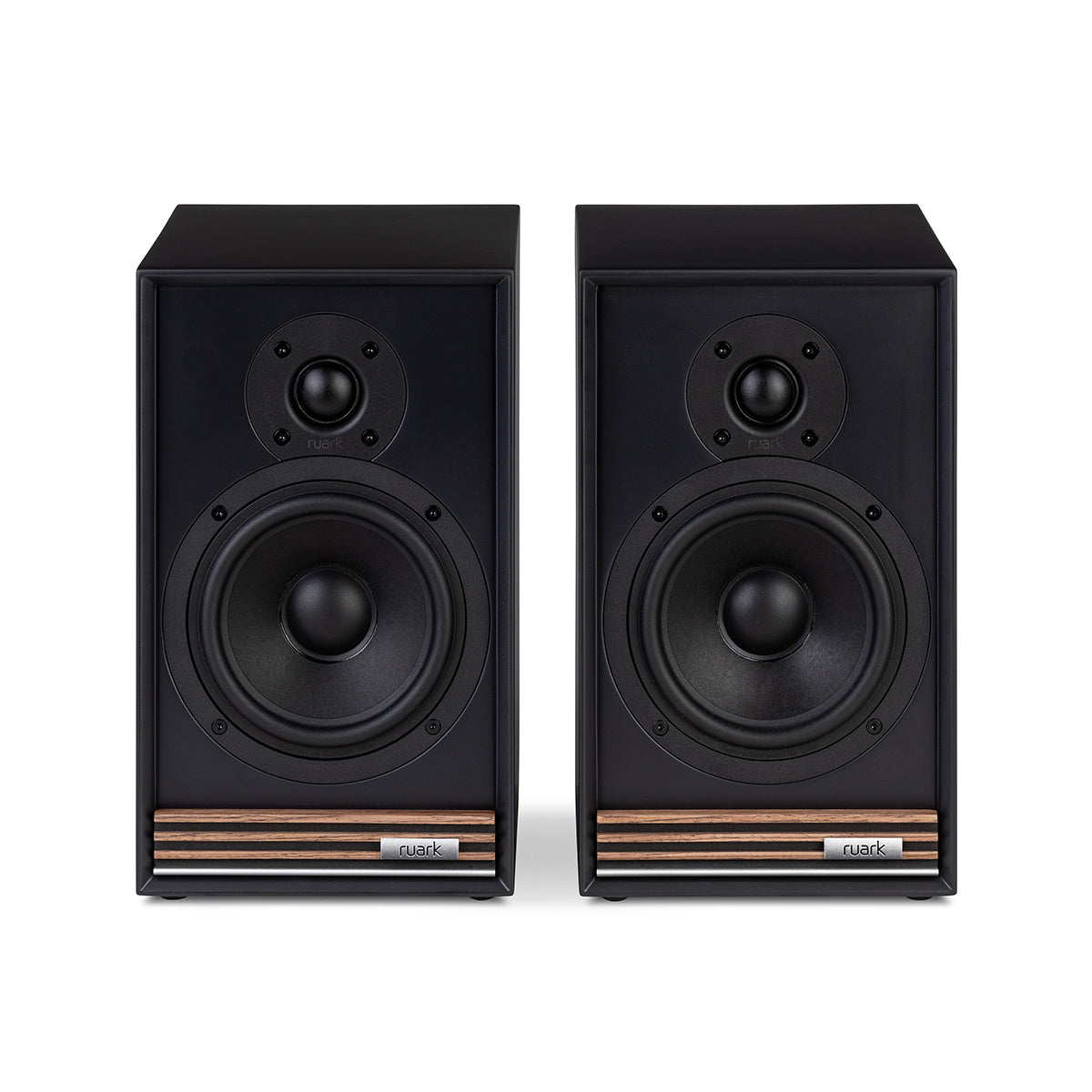 Ruark Audio Sabre-R Bookshelf Speakers in Satin Charcoal, front view with grilles removed showing tweeter and mid-bass driver