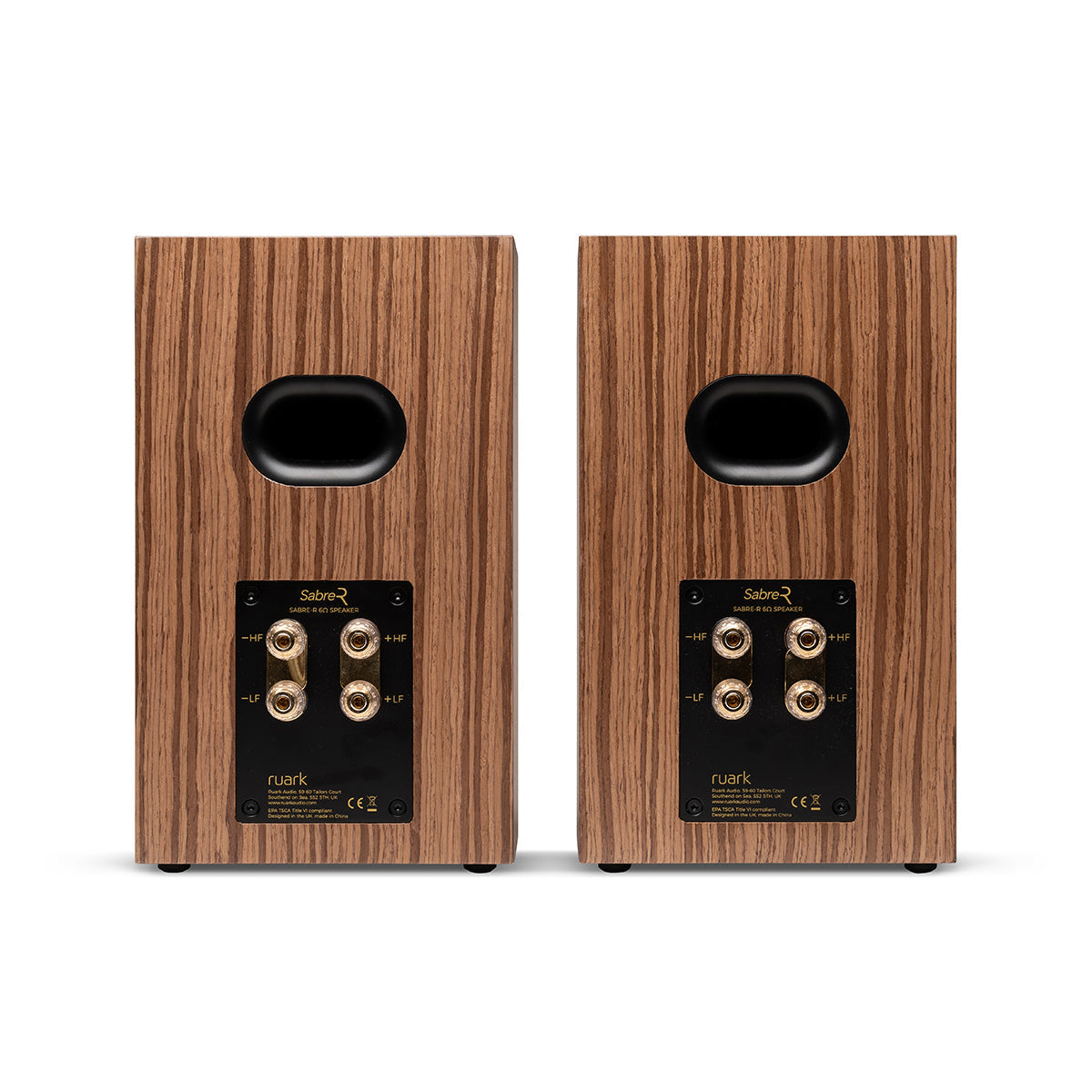 Ruark Audio Sabre-R Bookshelf Speakers rear view showing bass port and bi-wire binding posts