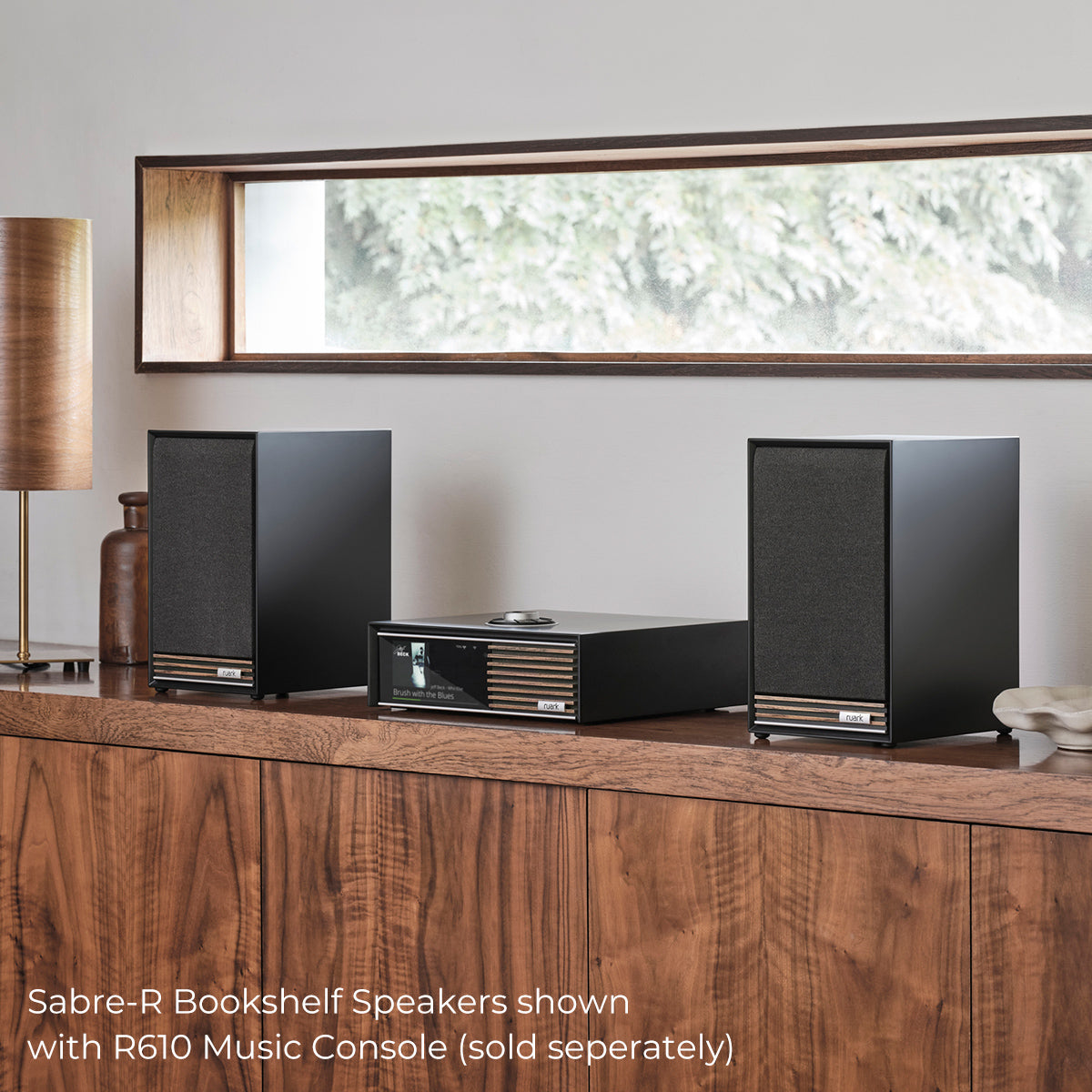 Ruark Audio Sabre-R Bookshelf Speakers in Satin Charcoal, lifestyle with R610 Music Console (sold separately)