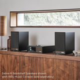 Ruark Audio Sabre-R Bookshelf Speakers in Satin Charcoal, lifestyle with R610 Music Console (sold separately)