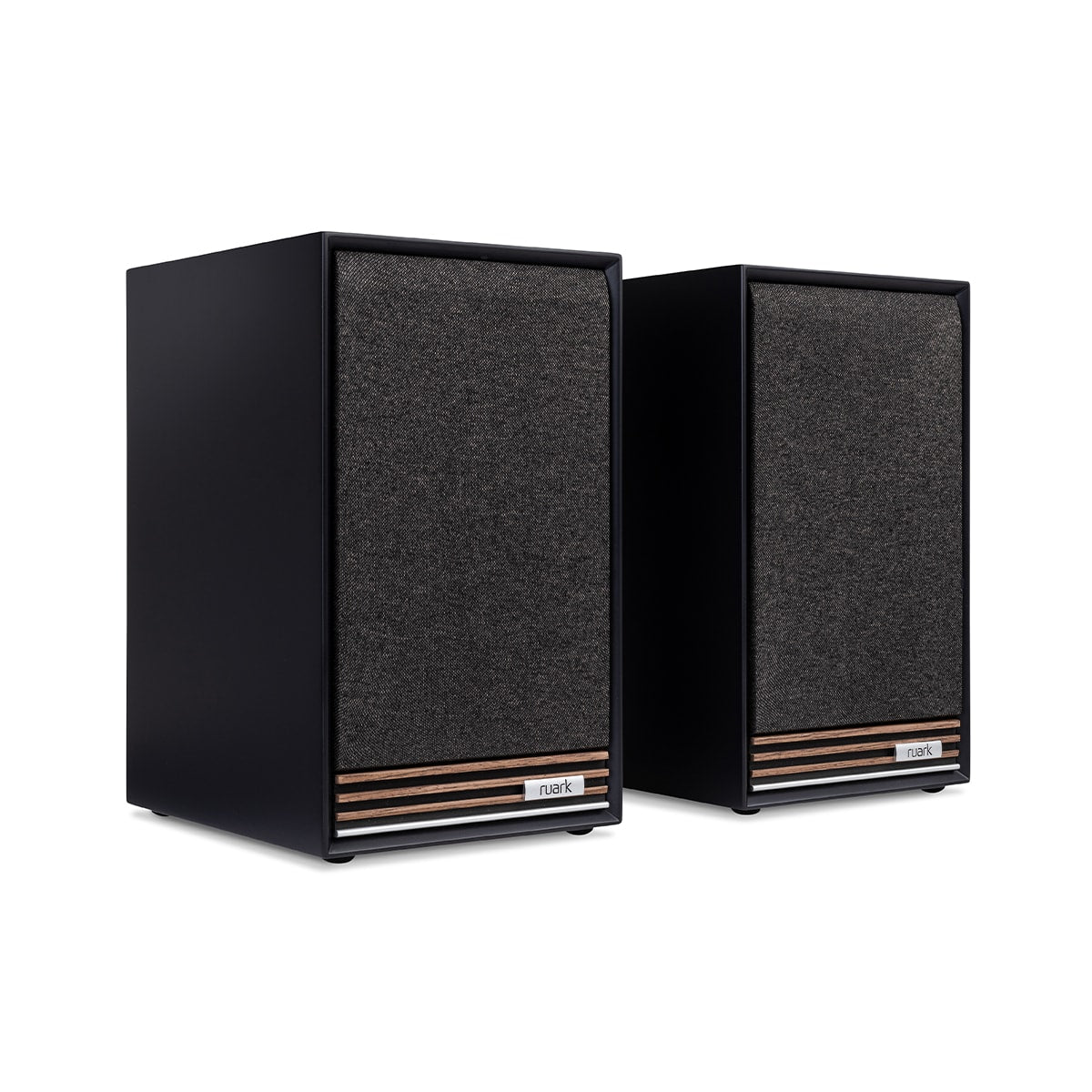 Ruark Audio Sabre-R Bookshelf Speakers in Satin Charcoal, three-quarter view with grilles on
