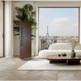 Diptyque DP170-EVO planar magnetic loudspeaker, brown leather wrap, three-quarter front view in a Paris apartment beside a window