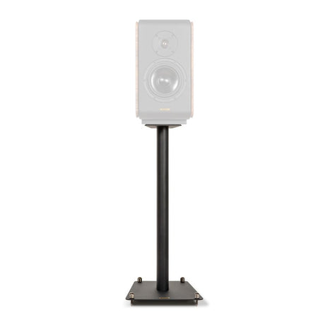 Opera SP1 Speaker Stand in natural walnut finish with speaker mounted, front view