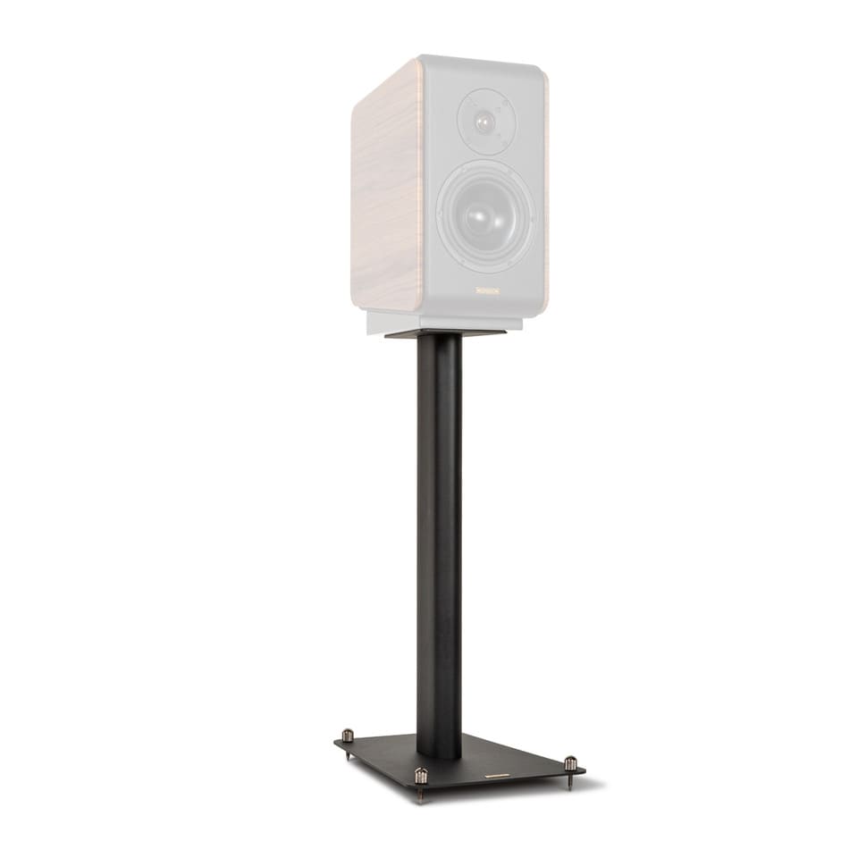 Opera SP1 Speaker Stand in natural walnut finish with speaker mounted, left front angle