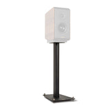 Opera SP1 Speaker Stand in natural walnut finish with speaker mounted, left front angle