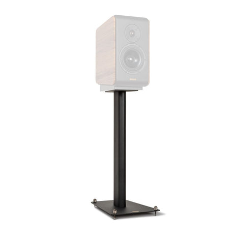 Opera SP1 Speaker Stand in natural walnut finish with speaker mounted, left front angle
