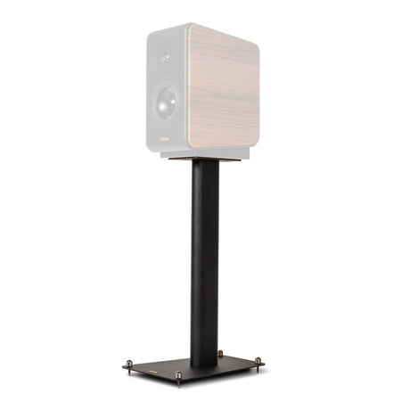 Opera SP1 Speaker Stand in natural walnut finish with speaker mounted, left rear angle