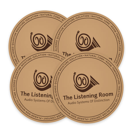 The Listening Room Cork Coasters, natural cork 4-pack, top view of four engraved coasters