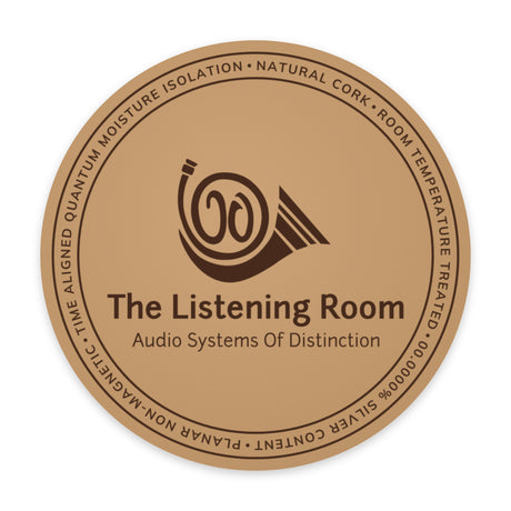 The Listening Room Cork Coasters, front view of a single natural cork coaster with the laser engraved horn logo