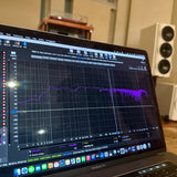 REW frequency response measurement on Mike's laptop during a two-channel system calibration