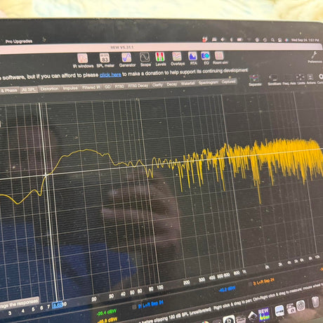 REW room measurement on Mike's laptop during a system calibration, frequency response from 8 Hz up