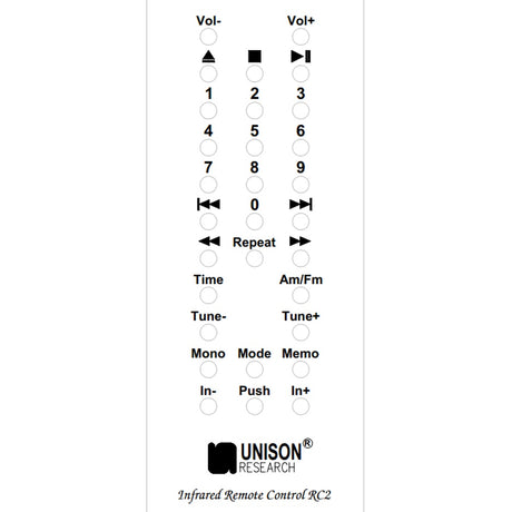 Unison Research RC2 button layout diagram, Infrared Remote Control RC2