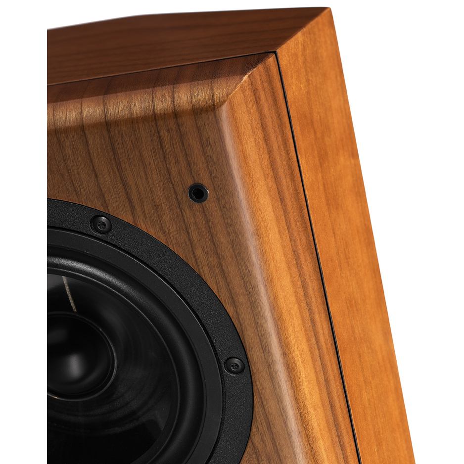 Vienna Acoustics Waltz Grand angled cabinet edge and mid-bass driver detail