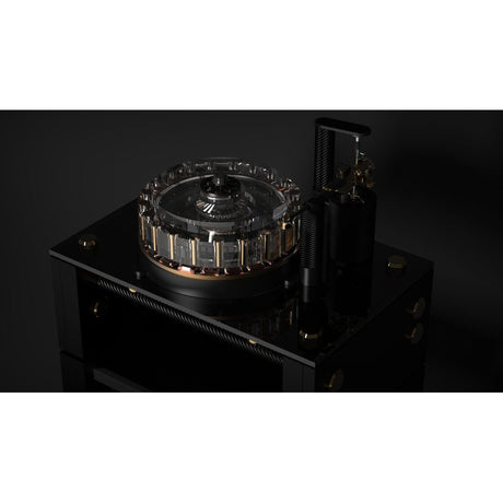 Wilson Benesch Greenwich Turntable elevated angle showing glass top and gold accents